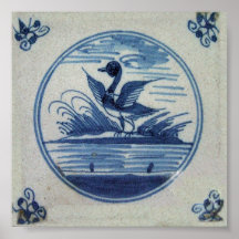 Tuile bleue antique de Delft - canard dans l'eau Affiches