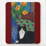 Tulips, Tuxedo Cat and A Mouse! Folk Art Mousepads
