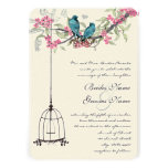 Turquiose Birds Pink Cherry Blossoms Birdcage Announcements
