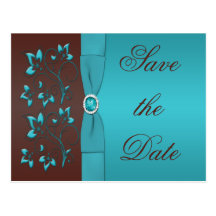 Turquoise and Brown Floral Save the Date Postcard