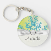 turquoise and lime green ornate damask acrylic keychains
