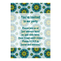 Turquoise and Yellow Retro Mandala Pattern Custom Invite