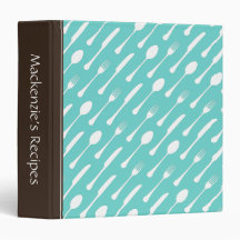 Turquoise aqua cutlery personalized recipe book 3 ring binder