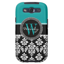 Turquoise, Black Damask Initial Name