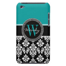 Turquoise, Black Damask Initial Name iPod Case iPod Touch Cover