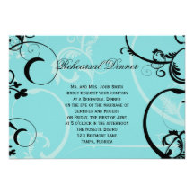 Turquoise Black Swirl Wedding Rehearsal Dinner Announcements