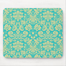 Turquoise Blue and Yellow Damask Mousepad