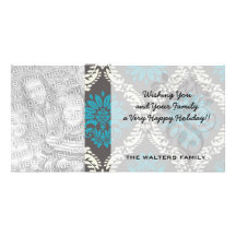 turquoise blue cream and brown lovely damask customized photo card