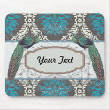 turquoise blue cream and brown peacock damask mouse pad