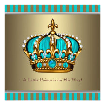 Turquoise Blue Gold Prince Baby Shower Custom Invite