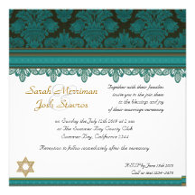 Turquoise Damask Brocade  jewish wedding Personalized Invites