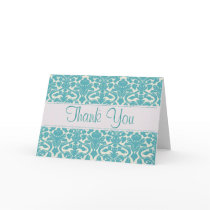 Turquoise Damask Customizable Thank You Card