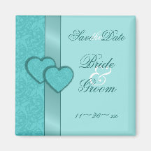 Turquoise Damask Hearts Save the Date Magnet
