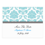 Turquoise Damask Save The Date Postcard