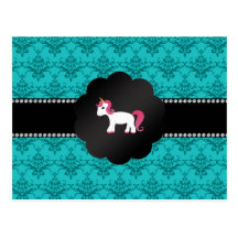 Turquoise damask unicorn post cards