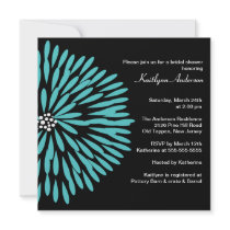 Turquoise Flower on Black Bridal Shower Invitation