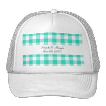 Turquoise gingham pattern wedding favours hats
