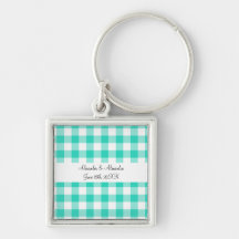 Turquoise gingham pattern wedding favours keychains