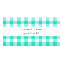 Turquoise gingham pattern wedding favours photo cards