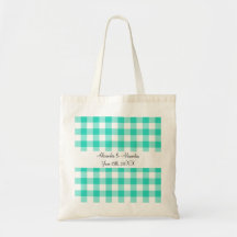Turquoise gingham pattern wedding favours tote bag