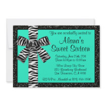 Turquoise Glitter Invite With Zebra Print Bow