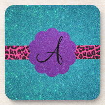 Turquoise glitter monogram beverage coaster