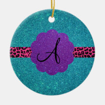 Turquoise glitter monogram christmas ornament