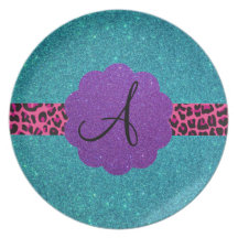 Turquoise glitter monogram dinner plate