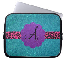 Turquoise glitter monogram laptop computer sleeves