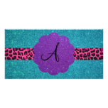 Turquoise glitter monogram photo card
