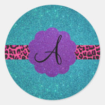 Turquoise glitter monogram round sticker
