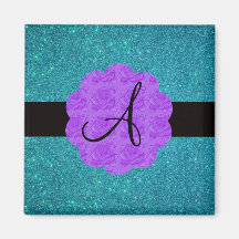 Turquoise glitter purple roses monogram fridge magnets
