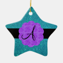 Turquoise glitter purple roses monogram ornament