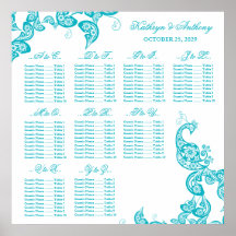 Turquoise Paisley Peacock Wedding Seating Chart Posters