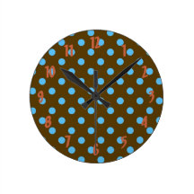 Turquoise polka dots on dark brown, wall clock