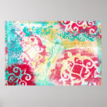 Turquoise & Scarlet Mixed Media Painting with Word Print