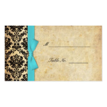 Turquoise Vintage Bow Damask Wedding Placecards Business Card Template