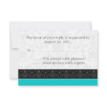 Turquoise & White Damask Wedding RSVP Reply Cards