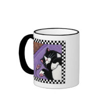 Tuxedo Cat Sleeping Near Toy Mouse | Cat Art Mug