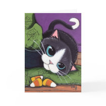 Tuxedo Cat Witches Hat & Candy Corn Halloween Card