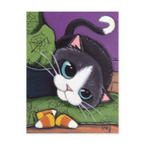 Tuxedo Cat Witches Hat & Candy Corn Halloween Postcard