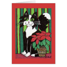 Tuxedo Cat with Poinsettia Greeting Cards