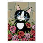 Tuxedo Cat with Red & Pink Roses Greeting Card cards