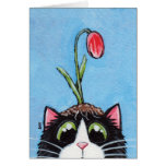 Tuxedo Cat with Tulip on Head - Cat Art Card
