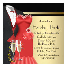 Tuxedo Red Dress Elegant Christmas Personalized Invites