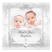 Twin Baby Girl Boy Christening Baptism White Invites