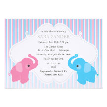 Twin Boy and Girl Elephant  Baby Shower Invitation