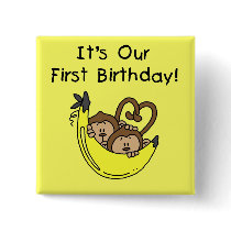 Twin Boys 1st Birthday Monkey Tshirts and Gifts Button