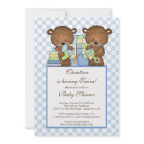 Twin Boys Baby Shower Invitation Bears Blue