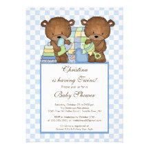 Twin Boys Baby Shower Invitation Bears Blue